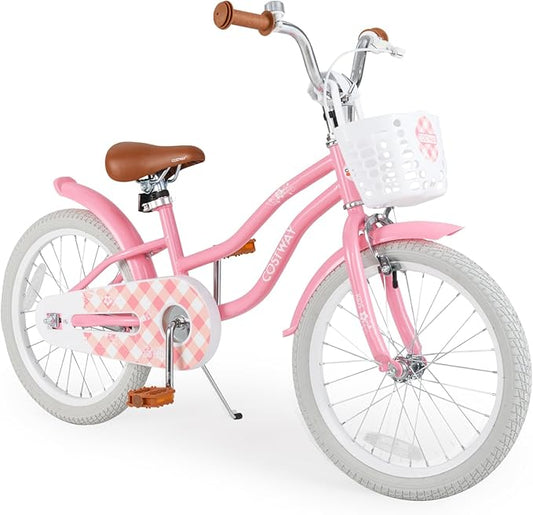COSTWAY Kids Bike, 12 14 16 18 Inch Toddler Bike Children Bicycle w/Training Wheels, Hand & Coaster Brakes, Adjustable Saddle & Handlebar, Basket, Bell, Kids Bicycle for Girls Boys Aged 3-8 Years Old