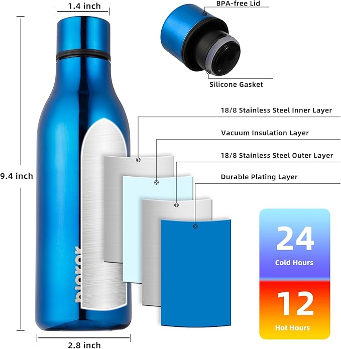 BJPKPK Insulated Water Bottles, 18 oz Stainless Steel Metal Water Bottle with Strap, BPA Free Leak Proof Thermo, Mugs, Flasks, Reusable Water Bottle for Sports & Travel, Shining Blue