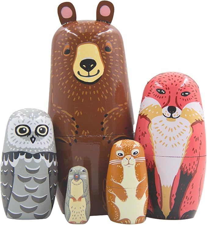 Cute Animal Nesting Dolls - Brown Bear Fox Owl Rabbit Raccoon Matryoshka Doll Handmade Wooden Dolls for Children Christmas Birthday Decoration Halloween Wishing Gift,Set of 5