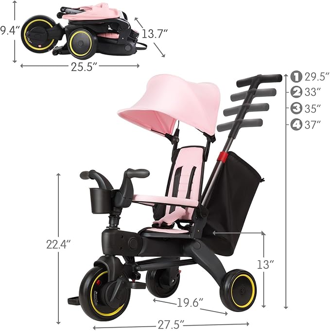 5-in-1 Compact, Foldable Tricycle - Suitable for Toddlers 10 to 36 Months Push Tricycle Bike for Toddlers with Removable Handle Seat Adjustable Canopy for Kids Pink