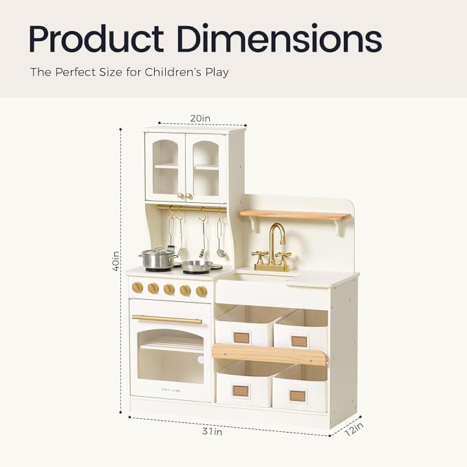 Tiny Land Play Kitchen for Kids, Wooden Toy Kitchen Set with Storage & Accessories, Toddler Kitchen Playset with Stove & Sink, Kids Kitchen Playset Gift for Ages 3-8