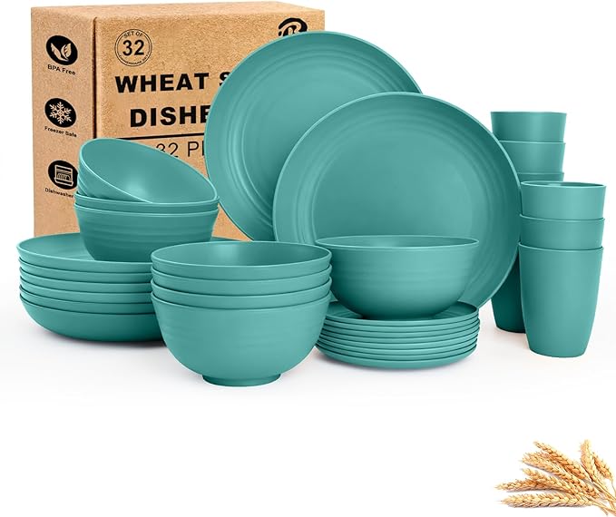 Wheat Straw Dinnerware Sets 32-Piece, Service for 8, Unbreakable Kitchen Dishes Set, Plastic Plates and Bowls Set with Cups, Microwave and Dishwasher Safe Dishware Set for Party- Green