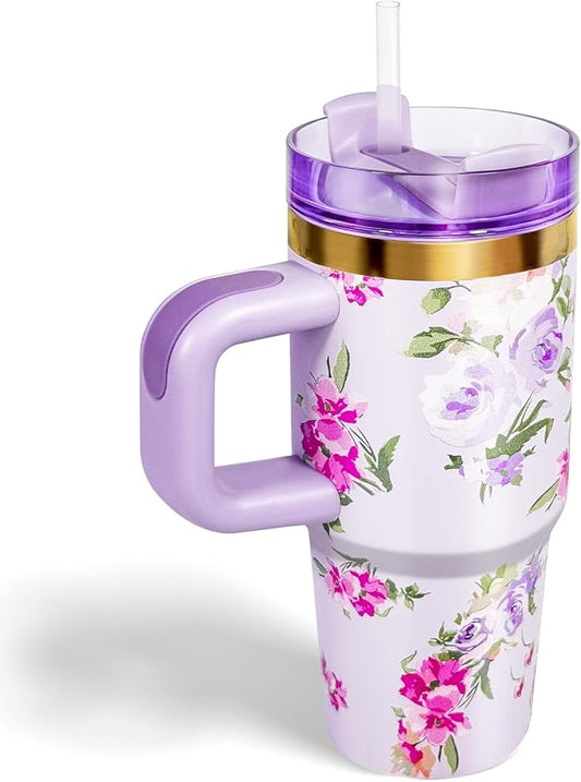 14 oz Tumbler with Handle and Straw, 14oz Toddler Tumbler with Lid and Straw for Kids Stainless Steel Tumblers, Outdoor Sports Travel School Gift, Keeps Drinks Cold up to 24 Hrs(Purple Flower)