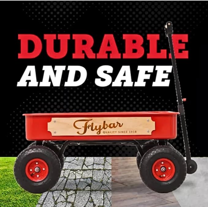 Flybar Classic Wagon for Kids, Toddler - Quad Steering System, Easy Assembly, Adjustable, Folding Handle, Rust Resistance, Durable 10 inch Air-Filled Tires, Extra Deep Beach Cart, Up to 165 lbs,3+ Red
