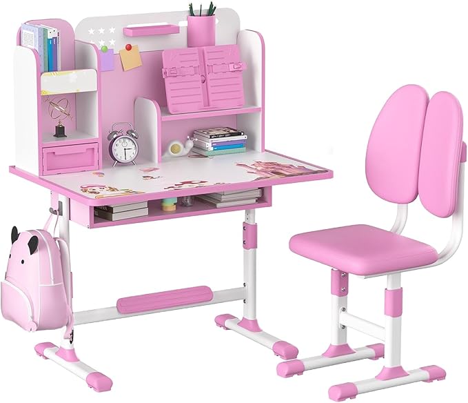 Upgraded Kid's Desk and Chair Set, Adjustable Children's Study Table with Bookshelf and Storage Drawer, 50-Degree Tiltable Desktop with Chair for Bedroom (Pink not Leaning)