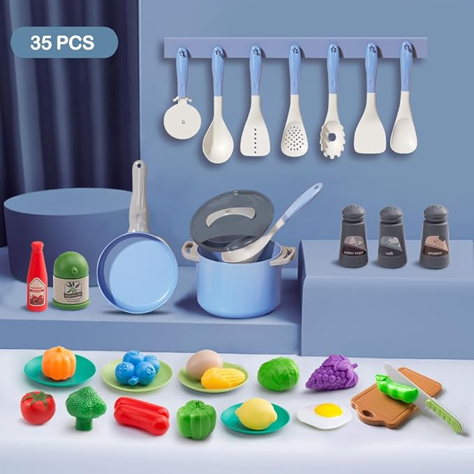35Pcs Kids Kitchen Toy Accessories, Toddler Pretend Cooking Playset with Play Pots, Pans, Utensils, Cookware, Play Food Set, Toy Vegetables, Learning Gift for Girls & Boys (Blue)