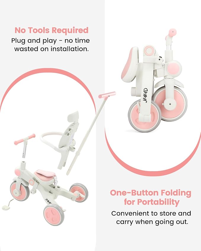 JMMD Baby Tricycle, 7-in-1 Foldable Kids Trike with Adjustable Parent Handle, Safety Harness & Wheel Brakes, Removable Canopy, Stroll Trike for Boys & Girls Ages 18 Months-5 Years, Pink