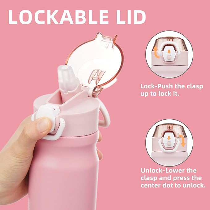 Insulated Water Bottle with Straw and Carry Loop,18 oz Stainless Steel Double Wall Vaccum Metal Water Flask with Leak-proof Lid,Pink