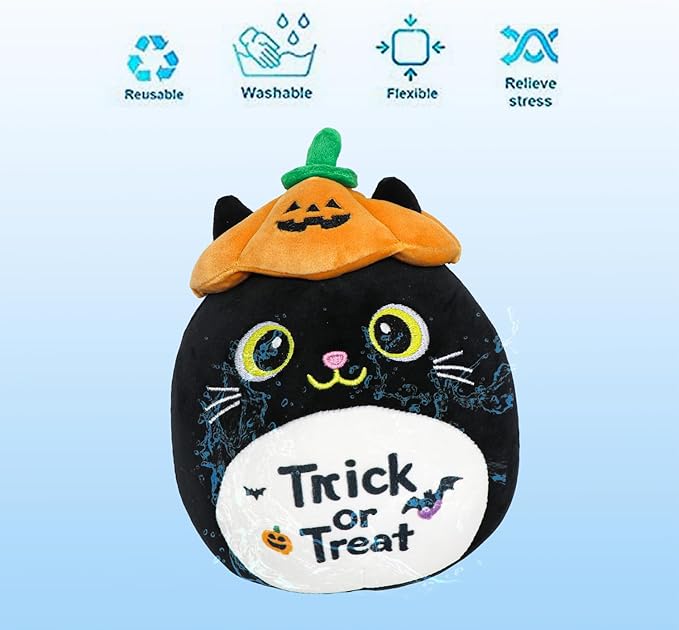 Halloween Stuffed Animal, Halloween Plush Black Cat with Pumpkin Hat, Cute Plushies for Kids Gift