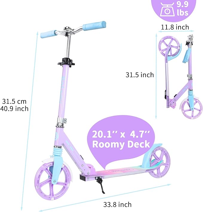 BELEEV V5 Plus Scooters for Kids Ages 6+, Teens with Light-Up Wheels & Deck, 2 Wheel Folding Lightweight Sport Scooter with 4 Adjustable Height, 8-inch Big Wheels, Carry Strap, Max Load 220 lbs