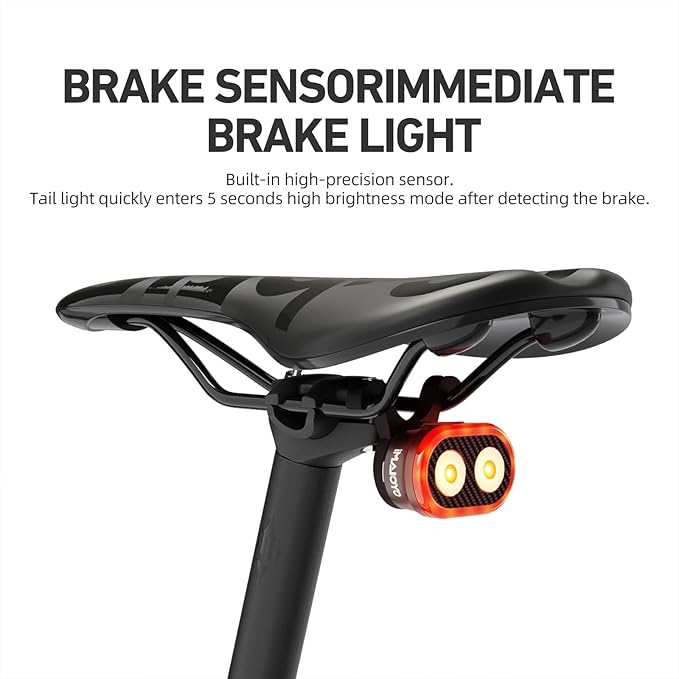 Bike Tail Light, Smart Brake Sensing Bicycle Rear, Main + Sub Light Auto On/Off, 4 x 5 Modes, Ultra Bright LED Back Lights, IPX6 Waterproof, USB Rechargeable, Cycling Safety Accessories