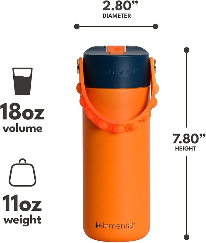 Elemental Insulated Kids Water Bottle, Stainless Steel Water Bottle with Straw Lid & Pop-It Handle, Leak-Proof Water Bottles for School, Boys or Girls, Travelling and Sports, 18oz - Orange Tie Dye