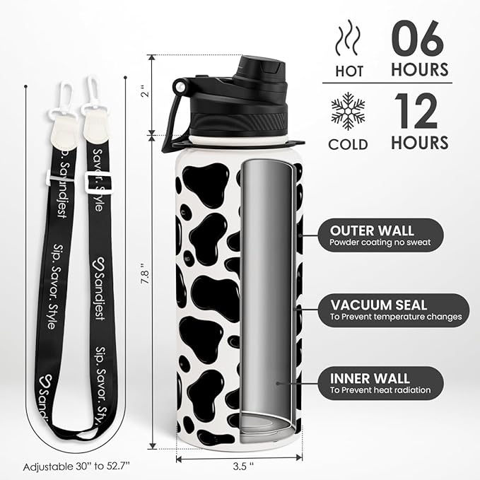 SANDJEST Cow Skin Stainless Steel Water Bottle with Strap 32oz, Insulated Bottles with Straw and Spout Lid for Gym Sports Travel Outdoor, Gifts for Women Girls Birthday Christmas
