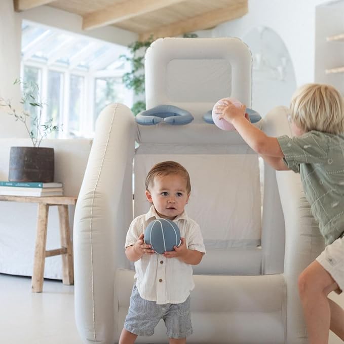 PLAYSMOL Mini Dual Shot Basketball Inflatable Game, Portable Indoor Basketball Hoop for Toddlers & Kids, Arcade-Style Toy with 4 Rubber Balls, Neutral Colorway, Ages 18m+