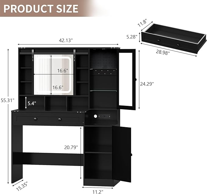 Makeup Vanity Desk with Sliding Mirror and Lights, Farmhouse Vanity Table Set with Power Outlet & RGB Cabinet, Dressing Table with Storage Drawers & Shelves for Kids Girls Women Bedroom, Black