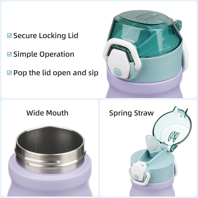 Insulated Water Bottle with Straw and Carry Loop,18 oz Stainless Steel Double Wall Vaccum Metal Water Flask with Leak-proof Lid,Lavender Green