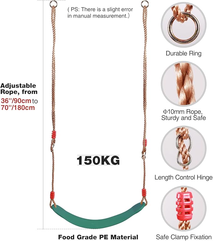 RedSwing Swing Seat for Kids Outdoor with 36-70" Rope, Kids Safety Playground Swings Seat Replacement, Belt Swing, Heavy Duty, Green 1 Pc