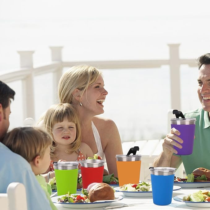 Kids Stainless Steel Cups, 12oz Kids Metal Drinking Glasses with Lids and Sleeves, Unbreakable Spill Proof Cups for Kid and Adult, Stacking Sippy Cups for Hot Chocolate & Cold Drinks 5Pack