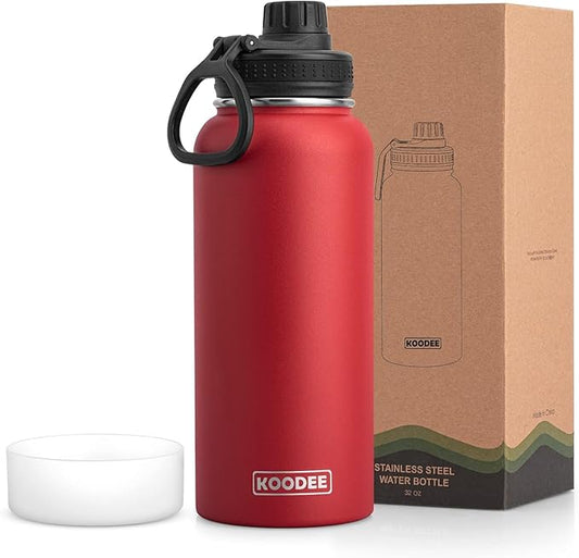 koodee Insulated Water Bottle, 32oz Stainless Steel Double Wall Vacuum Wide Mouth Sport Bottle with Leakproof Spout Lid (Canyon Red)
