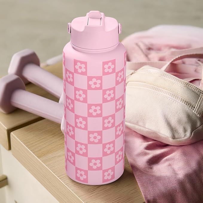 Checker Daisy Water Bottle 32oz Stainless Steel with Lid & Straw, Checkerboard Insulated Bottles Gifts for Women Girls Friends, Gift Idea for Birthday Christmas