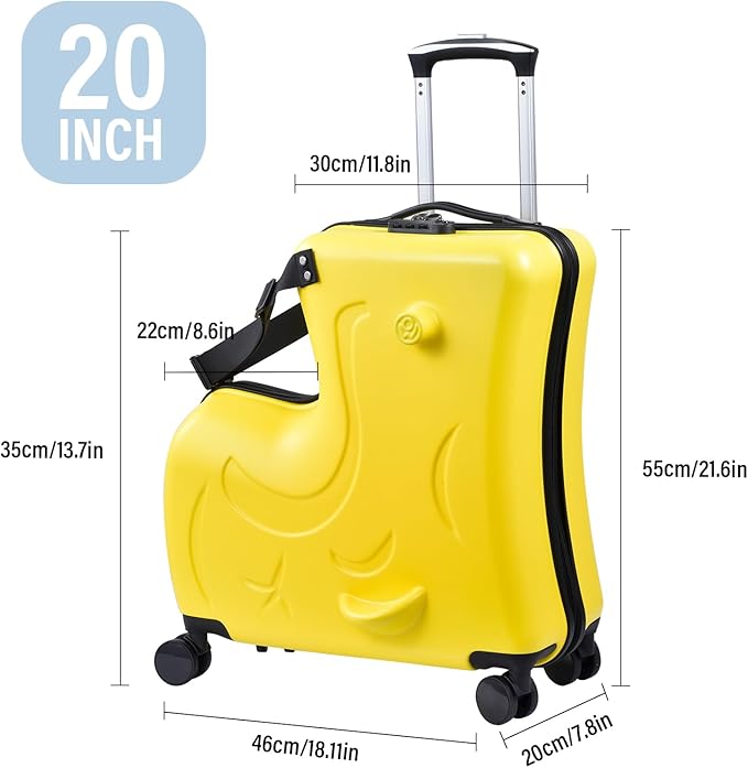 20 Inch Ride On Kids Suitcase with Wheels, Ride on Luggage with Pedal, Hardshell Kids Suitcase Adjustable Safe Harness, ABS+PC, Up To 100 Lbs, Yellow
