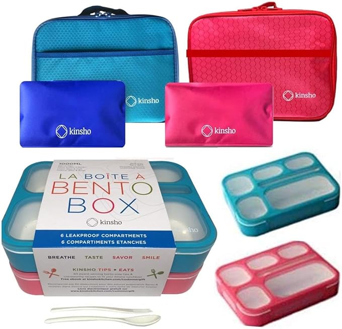 kinsho Bento Lunch Boxes with Bag and Ice Packs | Bento-Box Insulated Bag Ice Cold Pack Set of Two for Kids Adults | Value Container Set for School Kid Lunches, 6 Compartments BPA Free, Blue & Pink