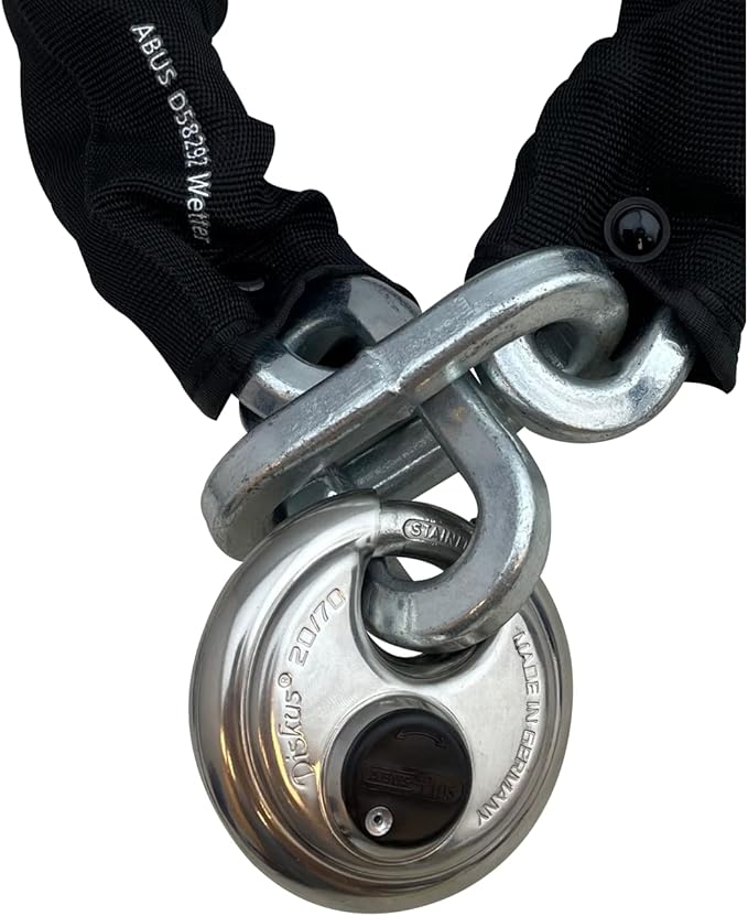 ABUS Hardened Steel 10KS 6 Foot x 5/16" Thick Square Security Chain with ABUS 20/80 Diskus Stainless Steel Padlock with 3/8" Shackle for Bikes, Containers, Trailers, Motorcycles and Personal use…