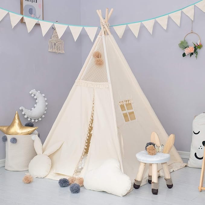 Kids Teepee Tent with Padded Mat, Banner, Fairy Lights, Yarn Ball, Carry Bag, Beige Cotton Canvas Play Tent for Child with Tassels Lace, Play House Tipi for Kids Room Decor