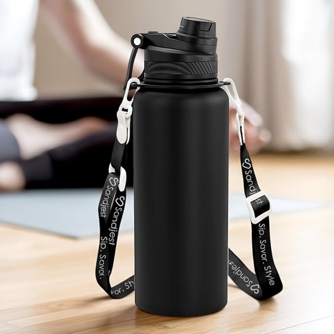 SANDJEST Stainless Steel Water Bottle with Strap 32oz, Insulated Bottles with Straw and Spout Lid for Gym Sports Travel Outdoor, Gifts for Women Girls Birthday Christmas (Black)