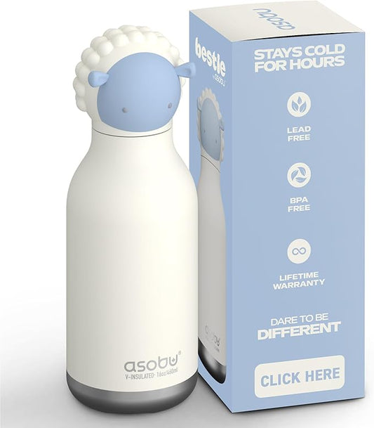 asobu Bestie Bottle Insulated Stainless Steel Water Bottle with Detachable Soft Animal Head Fun Drinking For Kids and Teens with Flexible Reusable Straw 16 Ounce (Sheep)