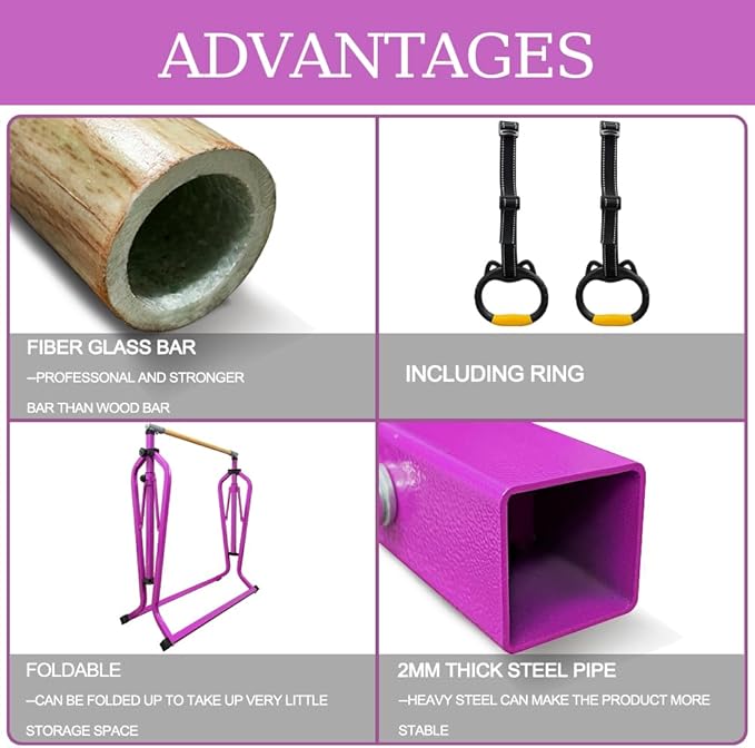 Foldable Gymnastics Kip Bar,Horizontal Bar for Kids,No Wobble Gym Equipment for Home Indoor,3' to 5' Adjustable Height,Gymnasts 1-4 Levels,300 lbs Weight Capacity