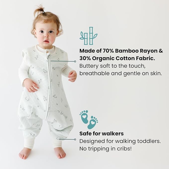 Tealbee Dreamsuit Toddler Sleep Sack with Feet – Walker Sleep Bag with Legs, Rayon made from Bamboo, Summer 0.8 TOG, 2-Way Zipper, 12m-2T - Croissant
