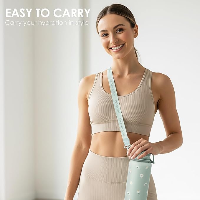 SANDJEST Mint Daisy Stainless Steel Water Bottle with Strap 32oz, Insulated Bottles with Straw and Spout Lid for Gym Sports Travel Outdoor, Gifts for Women Girls Birthday Christmas