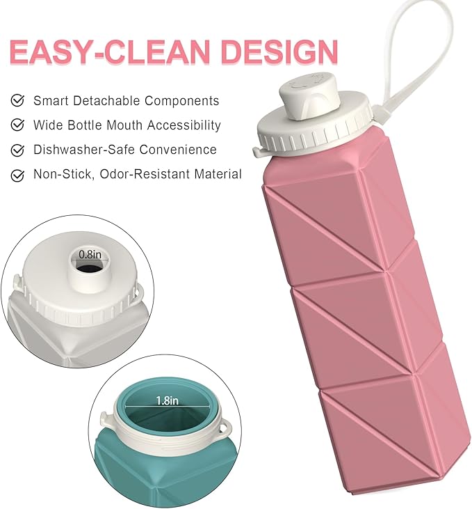 Collapsible Water Bottles 20.6oz, Silicone Foldable Portable Travel Water Bottle, Lightweight Reusable Leakproof for Traveling Camping Hiking Cycling Yoga Sports Outdoor, 1 Pack (Pink)