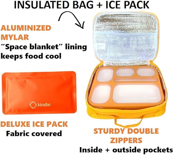 Bento-Box with Bag and Ice Pack. Lunch Boxes Snack Containers for Kids Boys Girls Adults. 6 Compartments, Leakproof Portion Container Boxes Insulated Bags for School Lunches, BPA Free, Orange