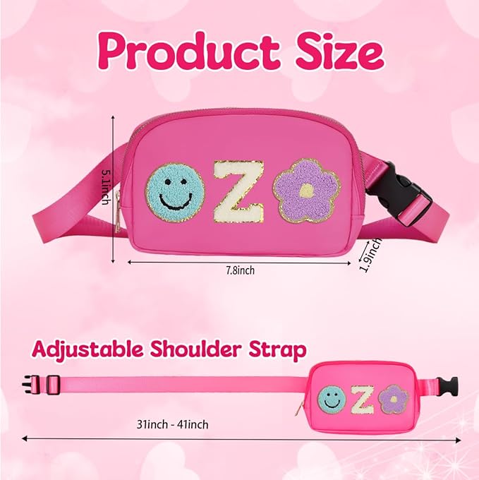 Fanny Pack for Girls Pink Kid Crossbody Bag Chenille Z Letter Preppy Belt Bag, Christmas Birthday Easter Gifts for Teen Daughter Sister, Personalized Nylon Purse for 4 5 6 7 8 9 10 Year Old Girls
