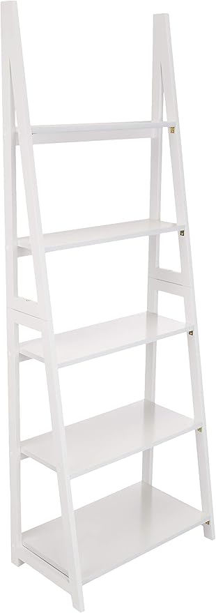 Amazon Basics Ladder Bookshelf Organizer, 5-Tier, Solid Rubberwood Frame, White Finish, 14D x 24.8W x 70.1H in