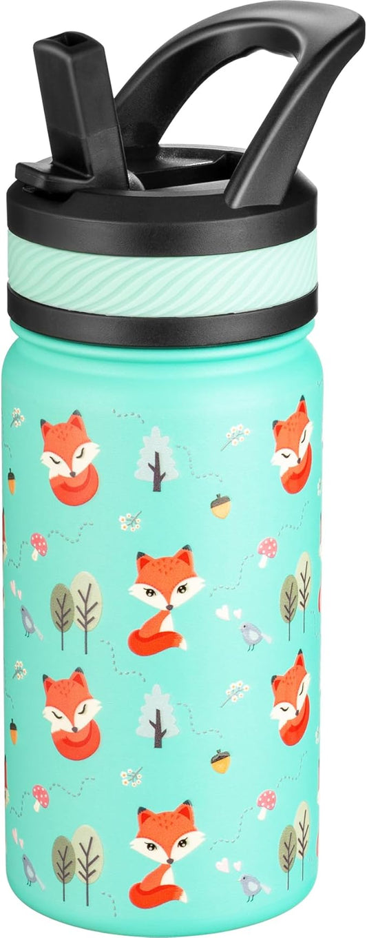 Fanhaw 14 Oz Kids Insulated Water Bottle with Straw - Stainless Steel Double Wall Vacuum Cup, Leakproof, BPA Free, Suitable for Boys and Girls(Green - Little Fox)