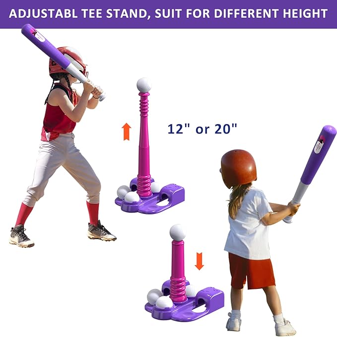 QDRAGON 2 in 1 T Ball Sets for Kids 3-5 5-8, Tee Ball Set with Automatic Pitching Machine/Adjustable Batting Bat & Stand/6 Balls, Baseball Toys Outdoor Sport for Toddlers Girls, Pink
