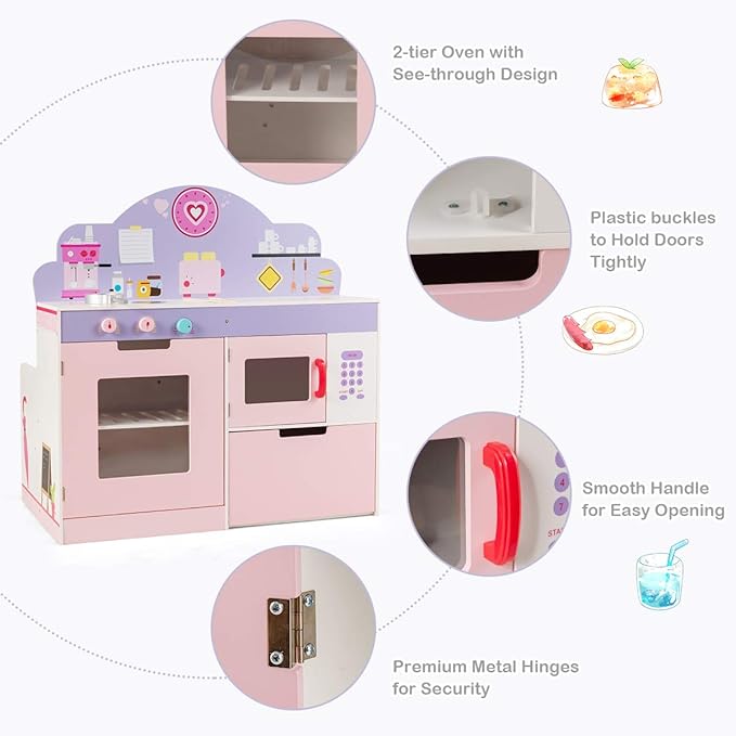 GLACER 2-in-1 Kids Kitchen Playset, Double-Sided Wooden Pretend Cooking Food Set w/Stove, Oven, Microwave, Storage Cabinet, Simulation Play Kitchen Set for Toddlers (Pink)