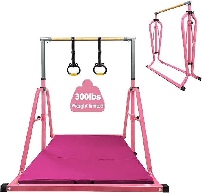 Foldable Gymnastics Kip Bar,Horizontal Bar for Kids,No Wobble Gym Equipment for Home Indoor,3' to 5' Adjustable Height,Gymnasts 1-4 Levels,300 lbs Weight Capacity