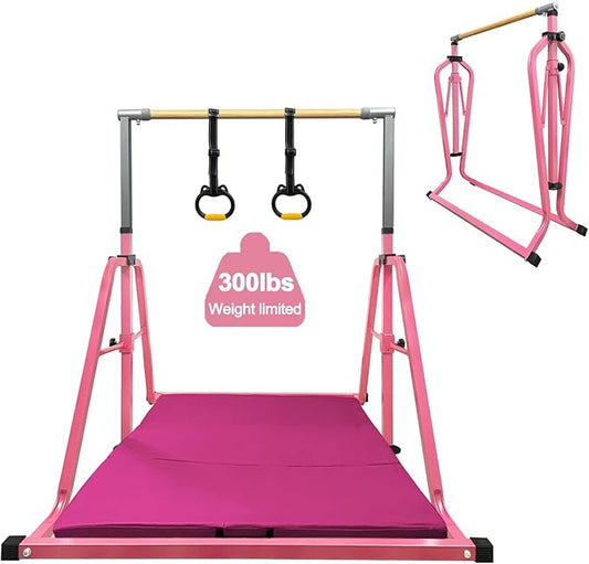 Foldable Gymnastics Kip Bar,Horizontal Bar for Kids,No Wobble Gym Equipment for Home Indoor,3' to 5' Adjustable Height,Gymnasts 1-4 Levels,300 lbs Weight Capacity