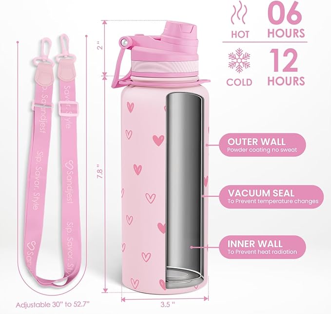 SANDJEST Pink Heart Stainless Steel Water Bottle with Strap 32oz, Insulated Bottles with Straw and Spout Lid for Gym Sports Travel Outdoor, Gifts for Women Girls Birthday Christmas