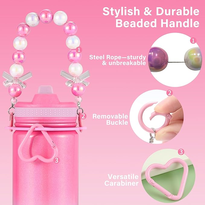 Mininoo Kids Water Bottle for School - 16 oz Stainless Steel Insulated Water Bottle with Ceramic-Lined, Leakproof Straw Lid & Beaded Handle for Girls & Boys