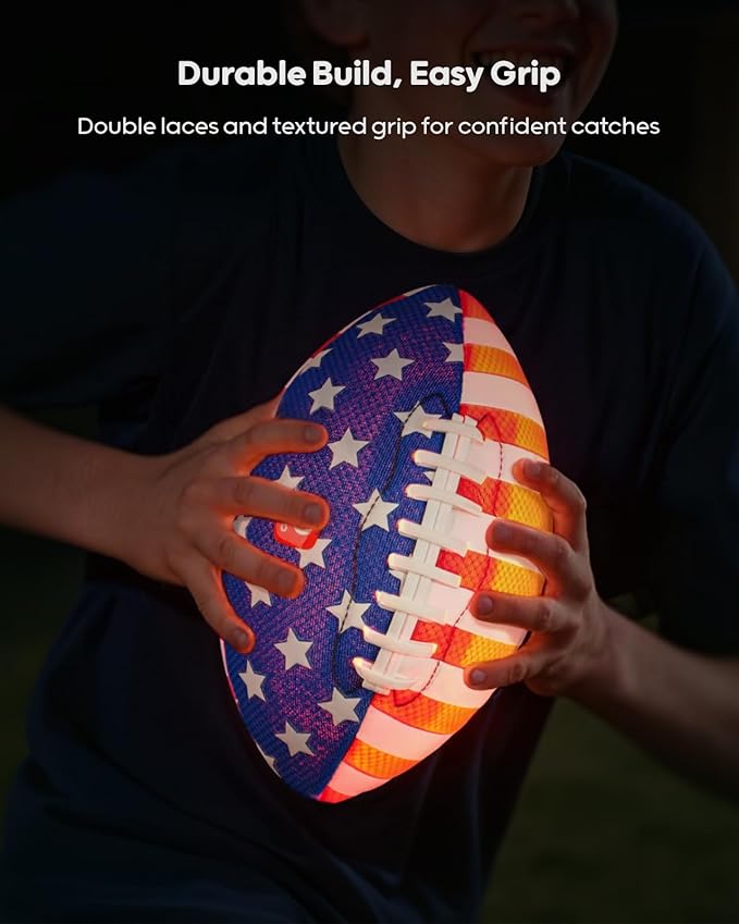 QPAU 10.5" Glow in The Dark Football (Size 6, 2 Packs), Light Up Youth Football with Pump & Batteries, Outdoor Toys & Games for Boys Girls, Birthday Gifts for Kids and Teens