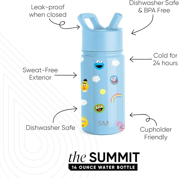 Simple Modern Kids Summit Water Bottle with Straw Lid | Sesame Street 14oz Stainless Steel Cup Insulated Tumbler for Toddlers, School | Sesame Street Pals