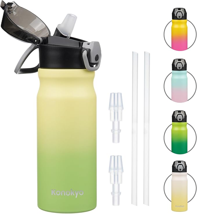 Insulated Water Bottle with Straw and Carry Loop,18 oz Stainless Steel Double Wall Vaccum Metal Water Flask with Leak-proof Lid,Lime