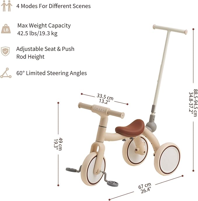 Kidpop Pony 4-in-1 Kids Tricycle Bike Stroller with Handle Push Bike for Toddlers 1-3 Award Winning Balance Bike Best Gift for Toddler (Beige)