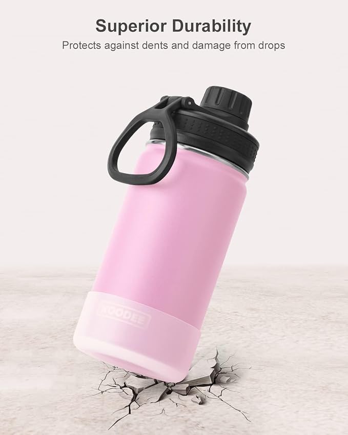 koodee Water Bottle for School-12 oz Stainless Steel Vacuum Insulated Wide Mouth Flask with Leakproof Spout Lid (Pink)