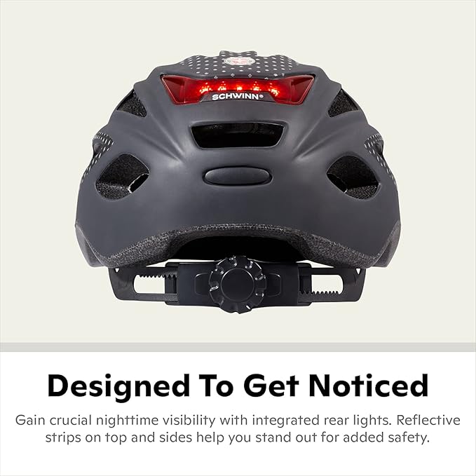 Schwinn Beam Lighted Helmet for Adults, Size 58 - 62 cm for Riders Ages 14+, Rear LED Light, Reflective Strips, Adjustable Dial and Straps, 17 Air Vents, Removable Visor, Adult Bike Helmet